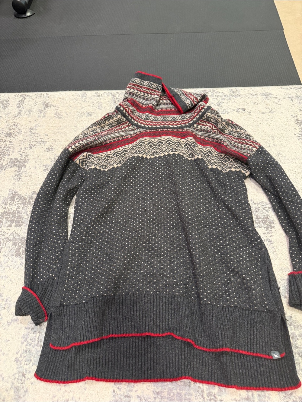 Eddie Bauer Charcoal Fair Isle Cowl Tunic with Red Accents